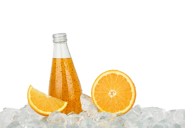 Крупним Планом Одна Скляна Пляшка Коктейлю Холодним Апельсиновим Соком Насінням — стокове фото