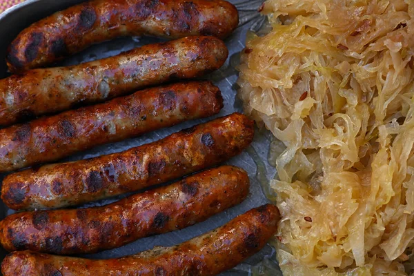 Close Portion Grilled Nuremberg Bratwurst Sausages Side Dish Sauerkraut Metal — Stock Photo, Image