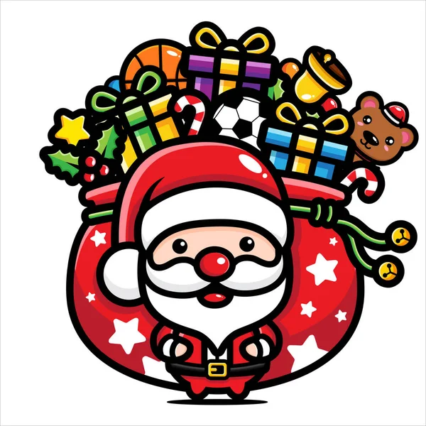 Niedlichen Weihnachtsmann Mit Großer Tasche Voller Geschenke — Stockvektor