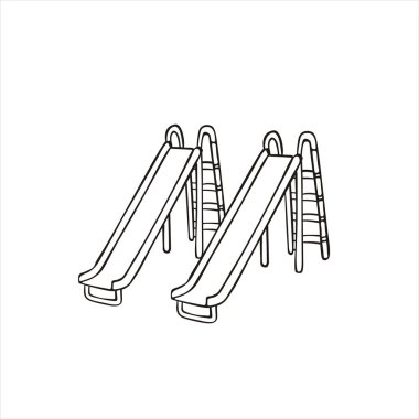 Çocuklar karalama tarzında siyah-beyaz vektör çizimi yaparlar. Park yeri ekipmanları.