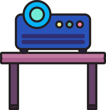 Sunum simgesi vektörü için projektör aygıtı. Konferansta ya da ofis toplantısında sunum yapmak için elektronik cihaz teknolojisi. Dijital teknoloji düz çizgi film çizimi