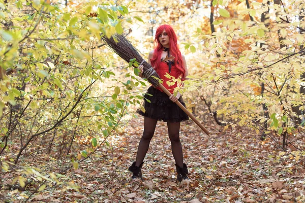 Young Witch Autumn Forest — Stock Photo, Image