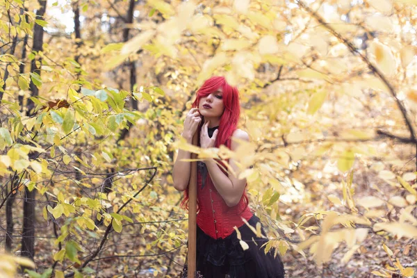 Young Witch Autumn Forest — Stock Photo, Image