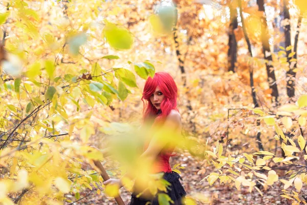 Young Witch Autumn Forest — Stock Photo, Image