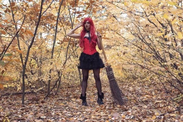 Young Witch Autumn Forest — Stock Photo, Image