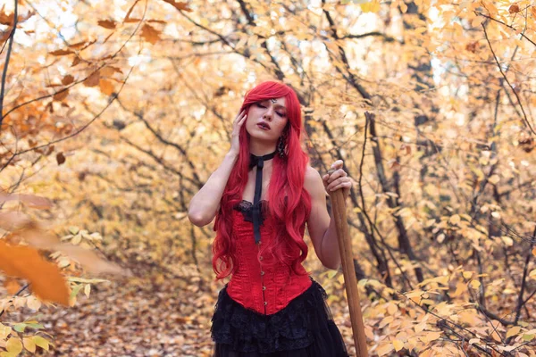 Jeune Sorcière Dans Forêt Automne — Photo