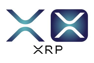 XRP şifreleme logosunun vektör görüntüsü. Yazarın gelişimi orijinaline dayanır. Beyaz arka plan. Üzerinde logo olan sikke.