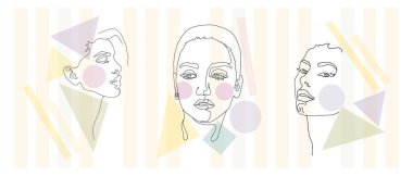 Hazır ol. Siyah hatları olan kızların vektör görüntüsü. Yüz çizgisi sanatı. Moda ve tasarım için.