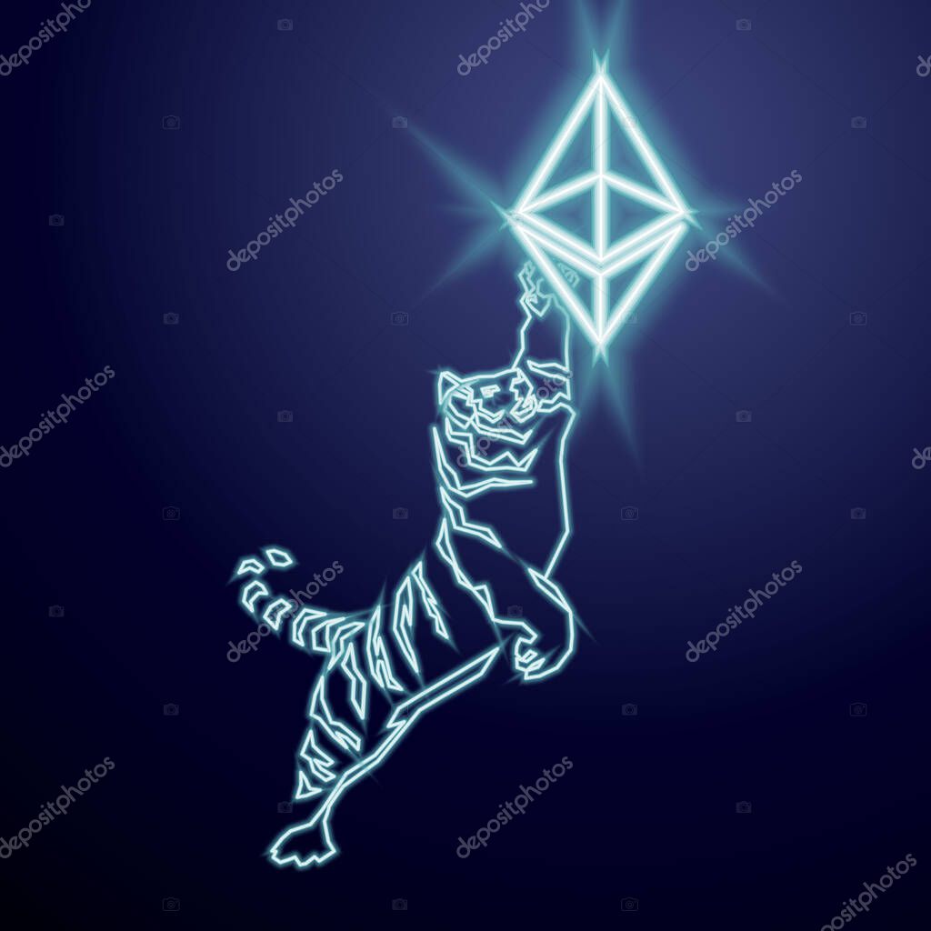 Christmas and New Year Greeting Card 2022. Tiger with the cryptocurrency logo. T-shirt print, web design, banner, social networks. Vector.