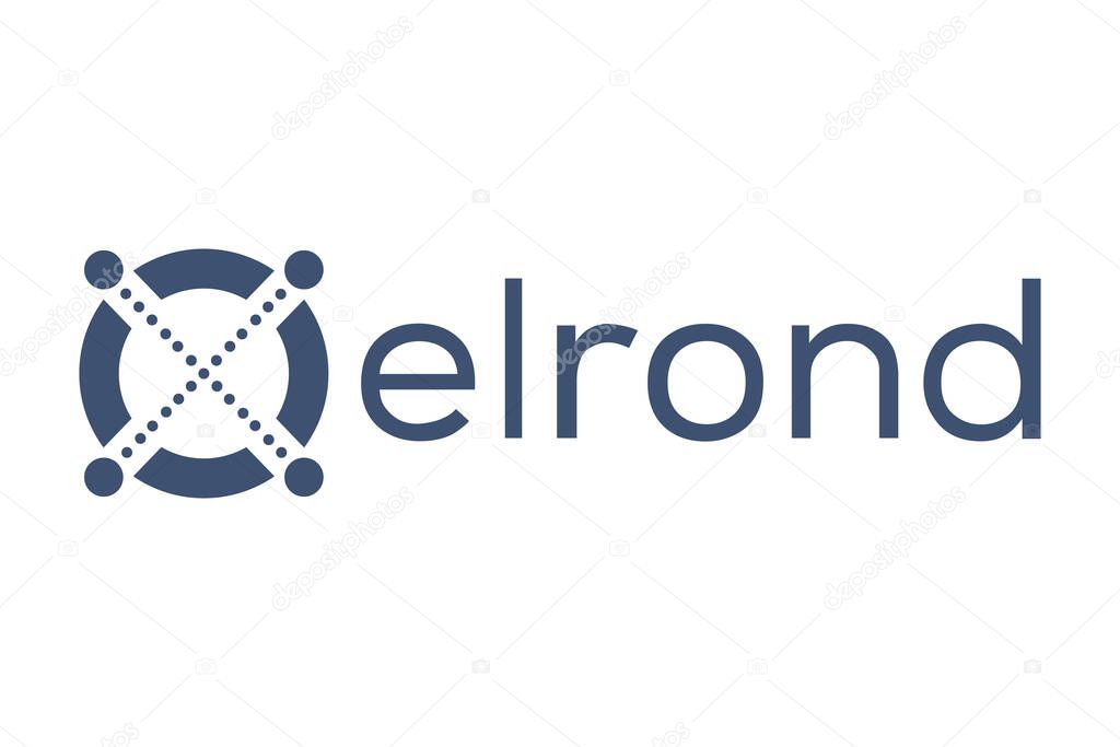 Elrond. Cryptocurrency logo with names, text. Color image on a white background. Close to the original