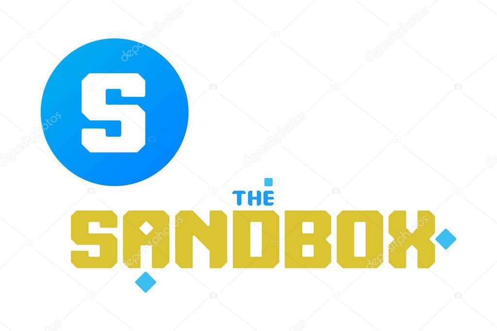 The Sandbox. Cryptocurrency logo with names, text. Color image on a white background. Close to the original