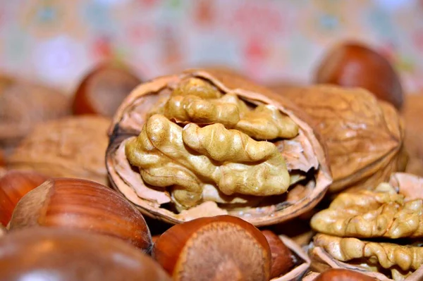 Hazelnuts Walnuts Table Background — Fotografia de Stock