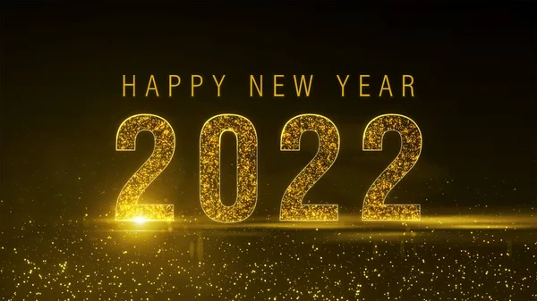 Happy New Year 2022 greeting card with particle gold text and numbers on a luxury dark background with bokeh. Premium shimmering holiday banner concept for eve, or party. Welcoming the new year