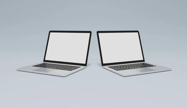 Twee Laptops Blanco Schermen Mockup Geïsoleerd Blauwe Achtergrond Voor Gebruikerservaring — Stockfoto