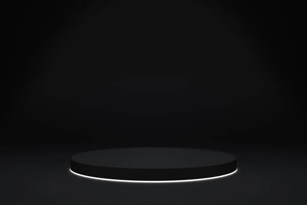 Blank black gradient background with product display platform. Empty studio with circle glowing podium pedestal on a black backdrop. 3D rendering