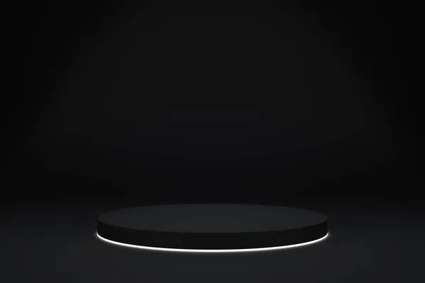 製品表示プラットフォームとブランク黒グラデーション背景 黒い背景に円が輝く表彰台の台座を持つ空のスタジオ 3Dレンダリング — ストック写真