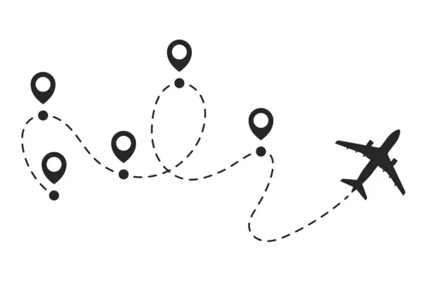 Jednoduchá Dráha Pro Cestování Letadlem Kolíky Mapě Letadlo Narazilo Trasu — Stockový vektor