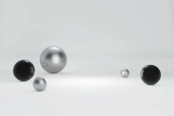 製品表示と空白の白いグラデーションの背景 銀と黒の金属球とボケと白いスタジオルームフロアを空にします 3Dレンダリング — ストック写真