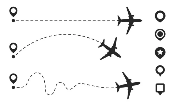 Ruta Línea Viaje Avión Simple Con Pines Mapa Avión Estrelló — Archivo Imágenes Vectoriales