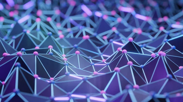 Abstract technology, science, crypto, ai models, or big data digital background. Network connection structure. Connecting blue and magenta dots and lines on a dark background. 3d render