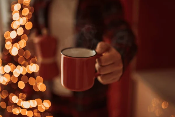 Man Pajama Holding Coffee Red Cup Geyser Coffee Maker Cozy — Stock Photo, Image