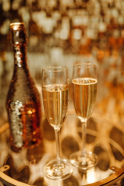 Festeggiamo Buon Natale Bottiglia Champagne Bicchieri — Foto Stock