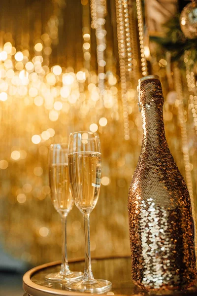 Festeggiamo Buon Natale Bottiglia Champagne Bicchieri — Foto Stock