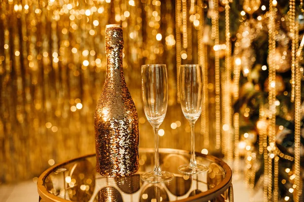 Festeggiamo Buon Natale Bottiglia Champagne Bicchieri — Foto Stock