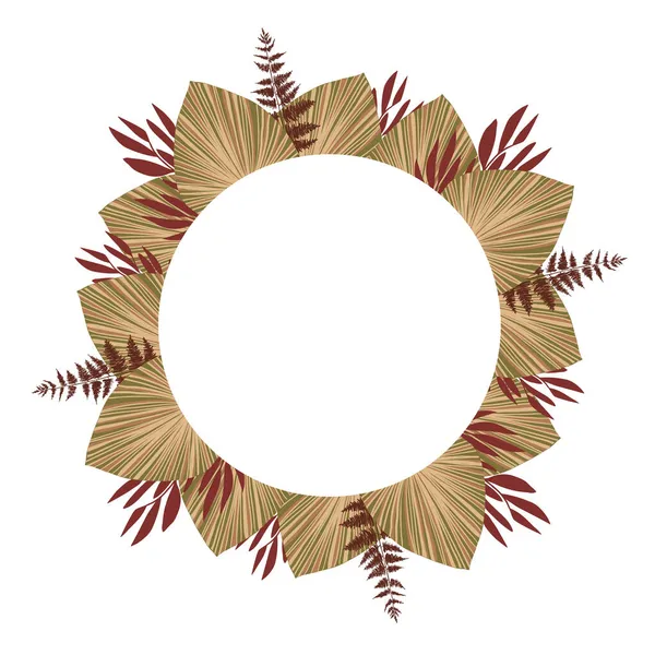 Boho fiore corona modello disegnato a mano. Secco ventaglio tropicale foglie di palma bordo rotondo isolato su sfondo bianco. — Vettoriale Stock