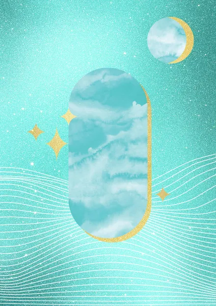 Небесний пейзаж абстрактного колажу, золотої фольги і акварельного бірюзового фону. Небесні гори, пагорби, місяць — стокове фото