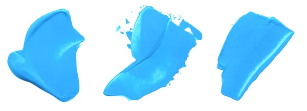Tres Manchas Pincelada Azul Dibujadas Mano Aisladas Sobre Fondo Blanco —  Fotos de Stock