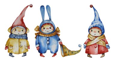 Çocuksu karakter suluboya çizimi - komik elbiseli sevimli cüceler. Beyazda izole edilmiş. Yazdır.