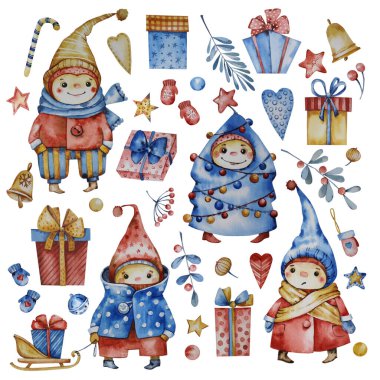 Noel 'in el koleksiyonu suluboya elementler çizdi. Cüceler, şekerler, kalpler, hediyeler, yıldızlar.