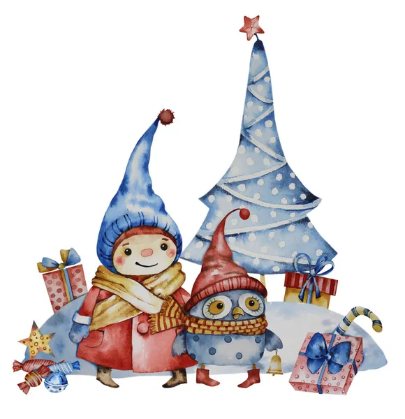 Personajes Infantiles Ilustración Acuarela Gnomo Con Búho Árbol Navidad Aislado — Foto de Stock