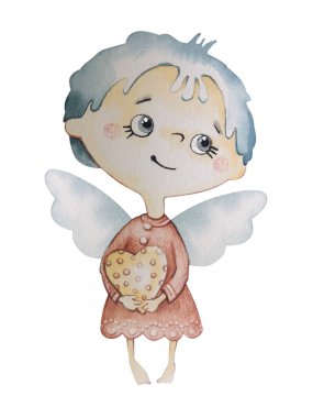 Suluboya ile çizilmiş Noel karakteri eli. Kalbi olan bir Noel meleği. Yazdır