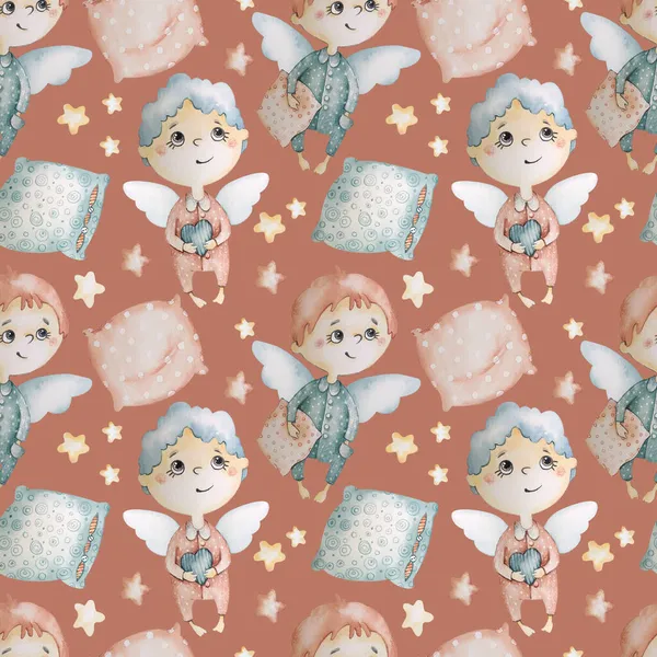 Christmas New Year Seamless Pattern Painted Watercolors Angels Stars Pillows — Stock Photo, Image