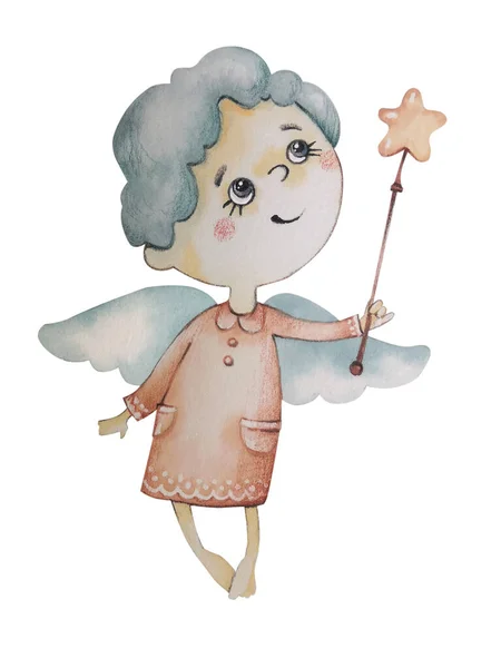 Christmas character hand drawn by watercolor. Christmas angel with an asterisk Print