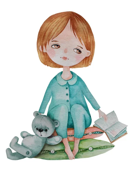 Una Chica Con Oso Peluche Libro Está Sentado Las Almohadas — Foto de Stock