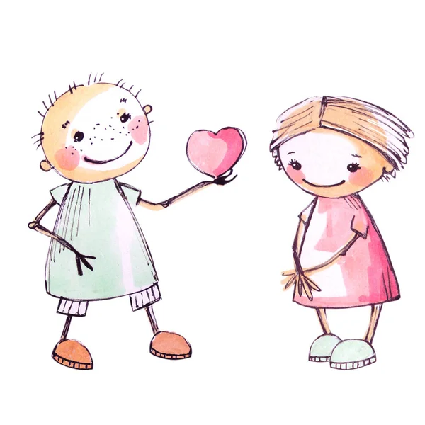 Coppia innamorata di un cuore per San Valentino. Disegnato con pennarelli. — Foto Stock