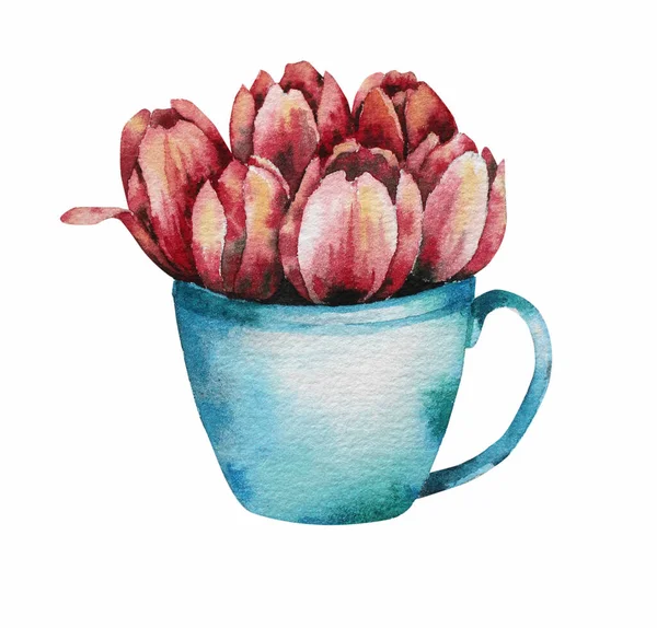 Una tazza di tè con un bouquet di tulipani. Disegno ad acquerello. — Foto Stock