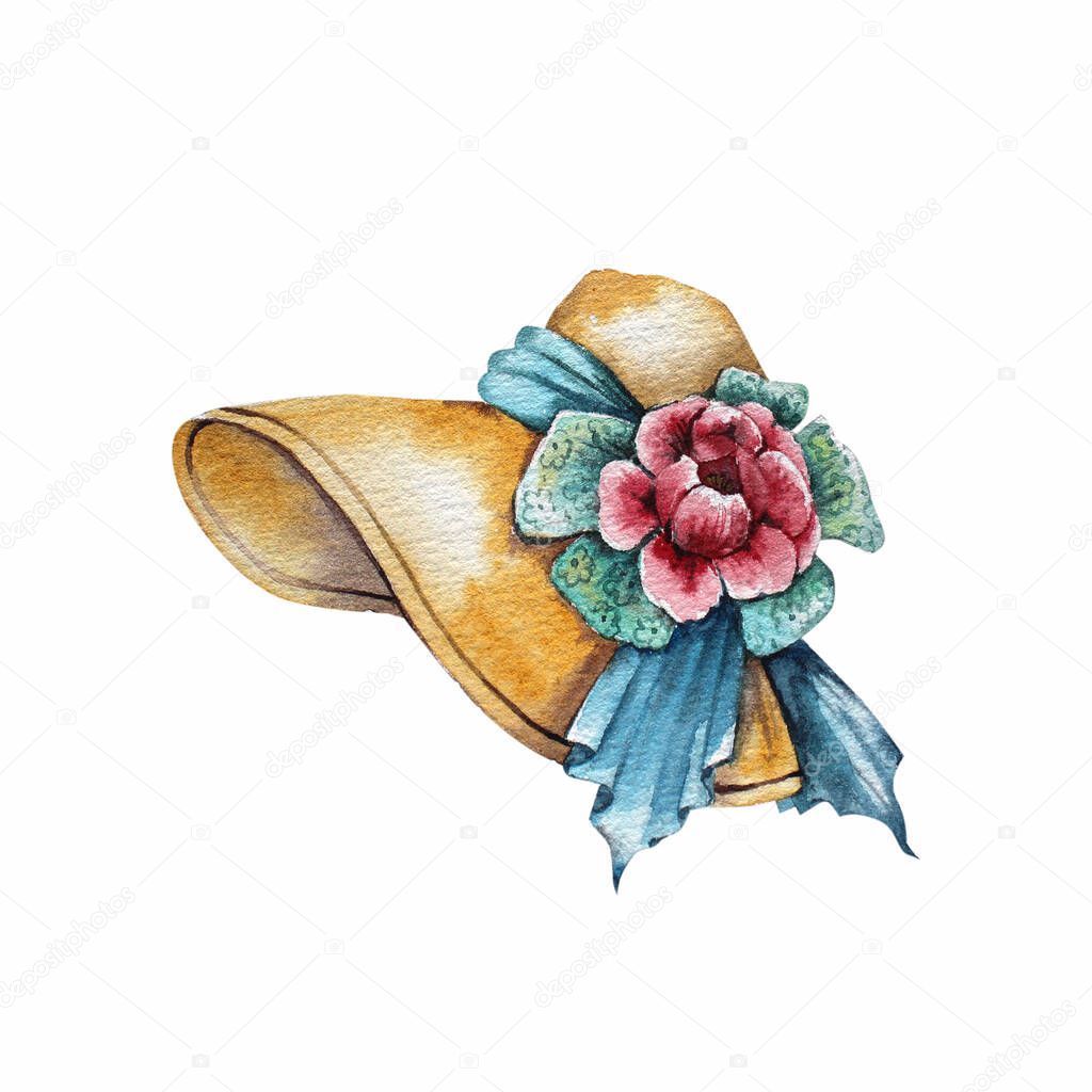 Summer womens hat with flowers and bows. Watercolor drawing.
