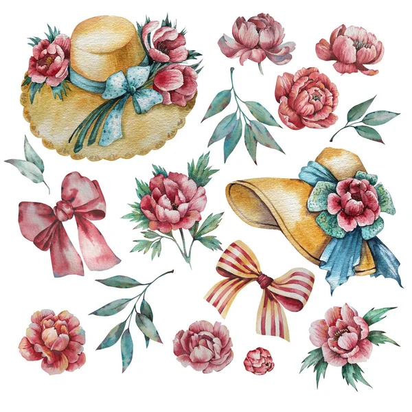 A set of watercolor images of women\'s hats, decorated with flowers and bows. Pink peonies with foliage. Print