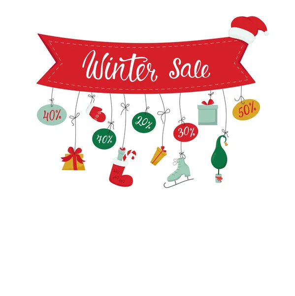 Winter sale banner with Christmas gift illustration, handwritten lettering sign and decorative elements. Vector stock illustration isolated on white background for print invitation on shopping. EPS10 — Stock Vector
