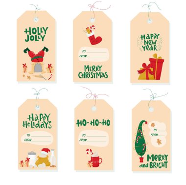 Noel Baba dekoratif öğeler için el yazısıyla yazılmış etiketler ve kurabiyeler. Beyaz arkaplanda baskı için vektör stok illüstrasyonu izole edildi. EPS10