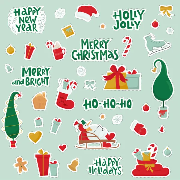 Christmas gift stickers set with handwritten lettering sign and decorative elements. Vector stock illustration isolated on mint background for print. EPS10 — Stock Vector