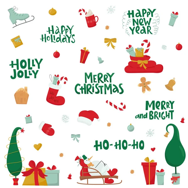 Christmas gift set with handwritten lettering sign and decorative elements. Vector stock illustration isolated on white background for print design greeting card, shopping tag. EPS10. — Stock Vector