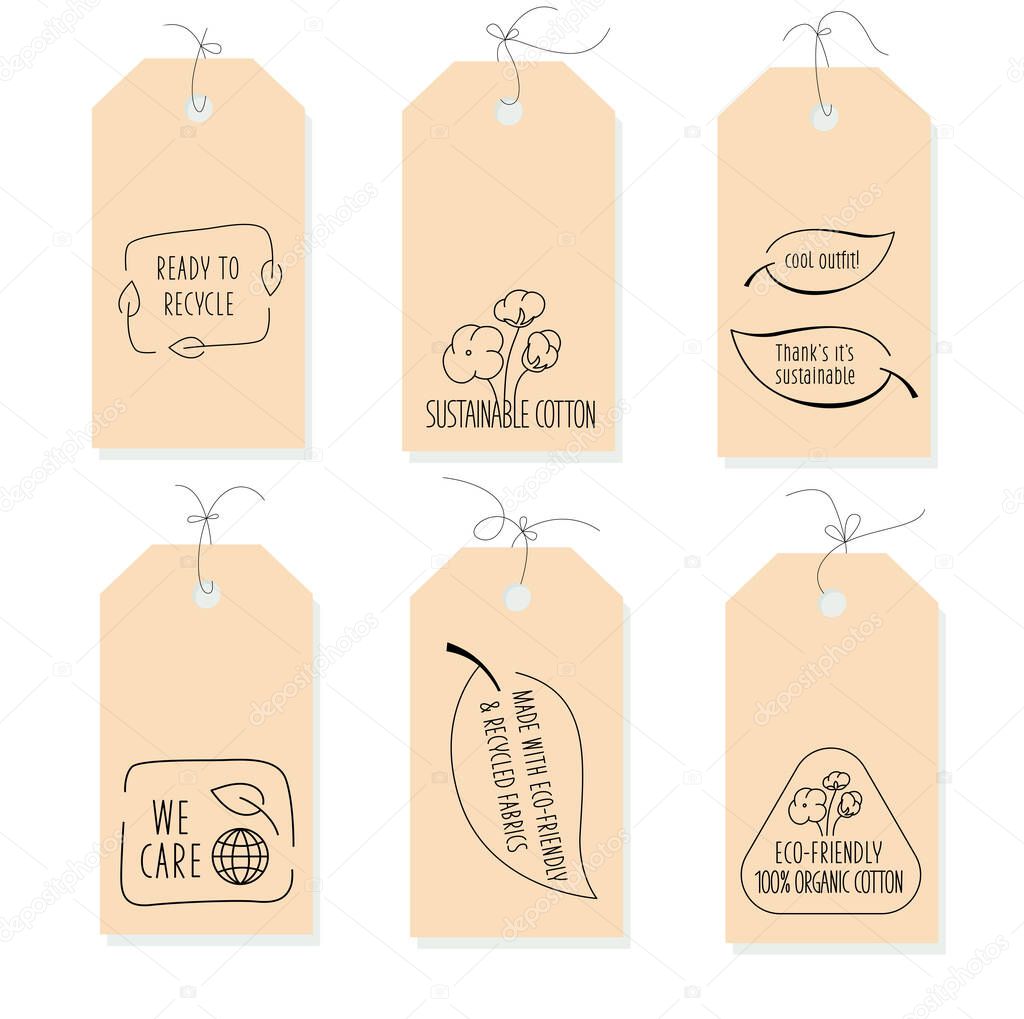 Sustainable fibers label, tag set with icon and sign for eco friendly, natural fabric product, clothing packaging. Vector stock illustration isolated on white background. EPS10