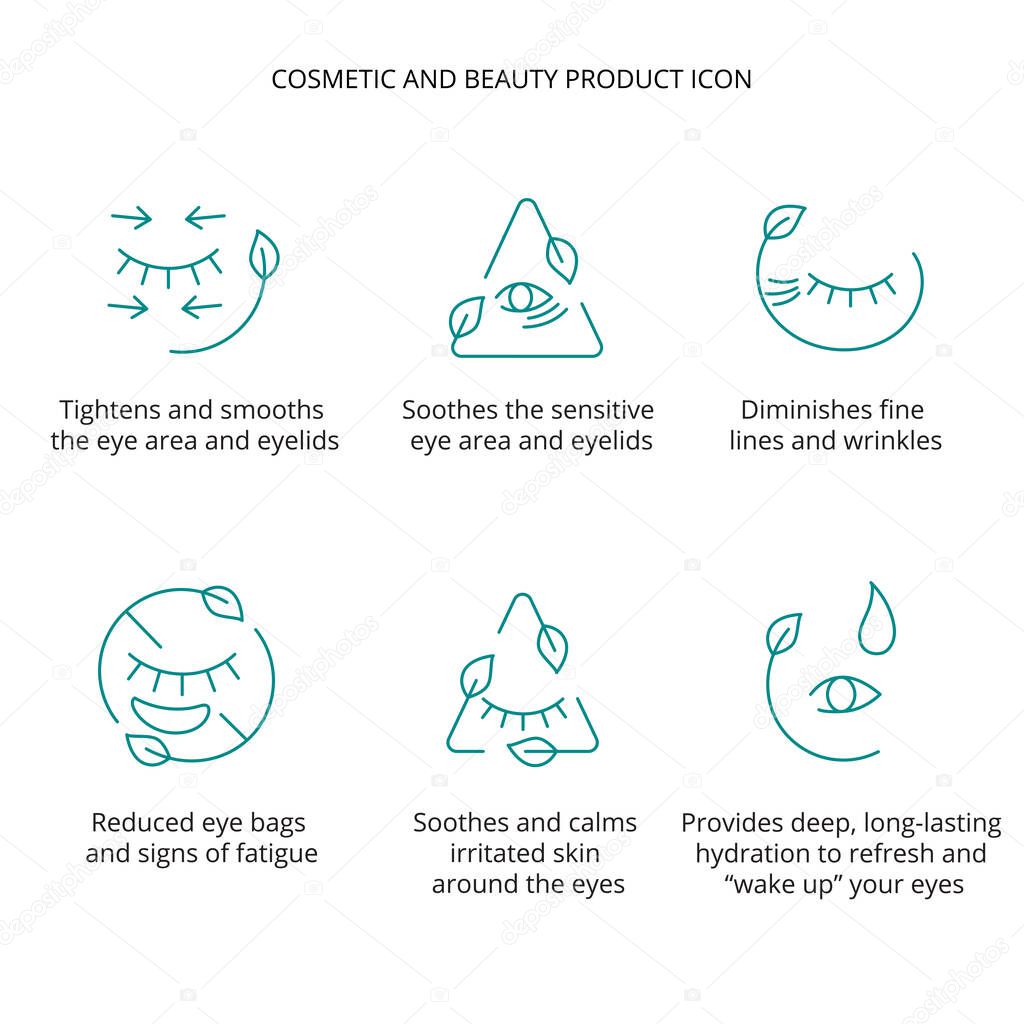 Eye patch, cream, mask cosmetic and beauty product icon set for web, packaging design. Vector stock illustration isolated on white background.