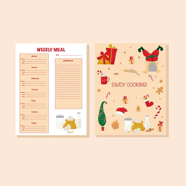 Weekly meal and shopping list card with Christmas illustration. Vector stock illustration isolated on background for template design cook book. You can print file - USA letter. EPS10 — Stock Vector