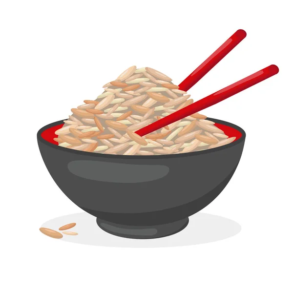 Bol de riz avec baguettes. Illustration vectorielle isolée sur fond blanc pour l'emballage, menu design cuisine asiatique. Plat traditionnel réaliste en style dessin animé. PSE10 — Image vectorielle